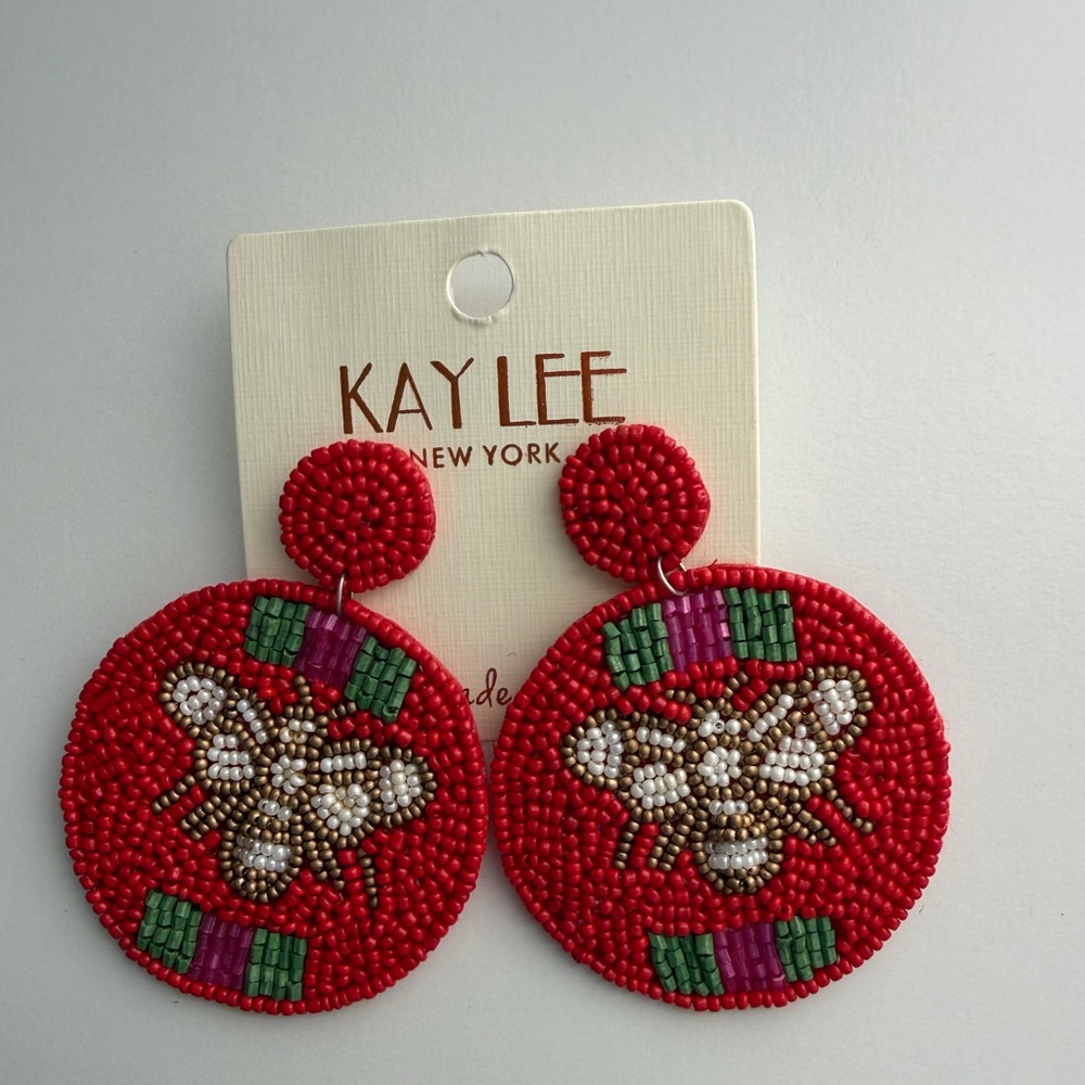 Kay Lee Red Seed Bead Bee Earrings